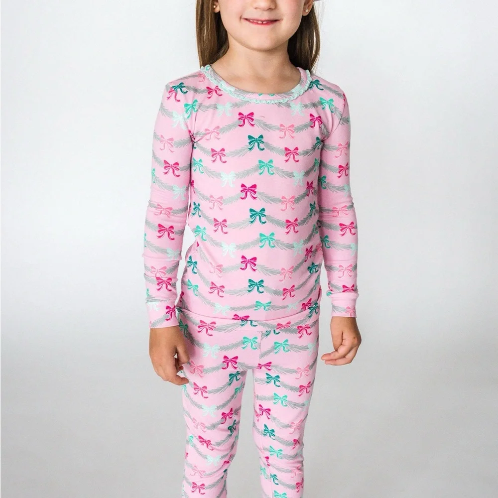 Rufflebutts Charming Pink Bow Print Kids Pajama Set 18-24 months 3T 4T